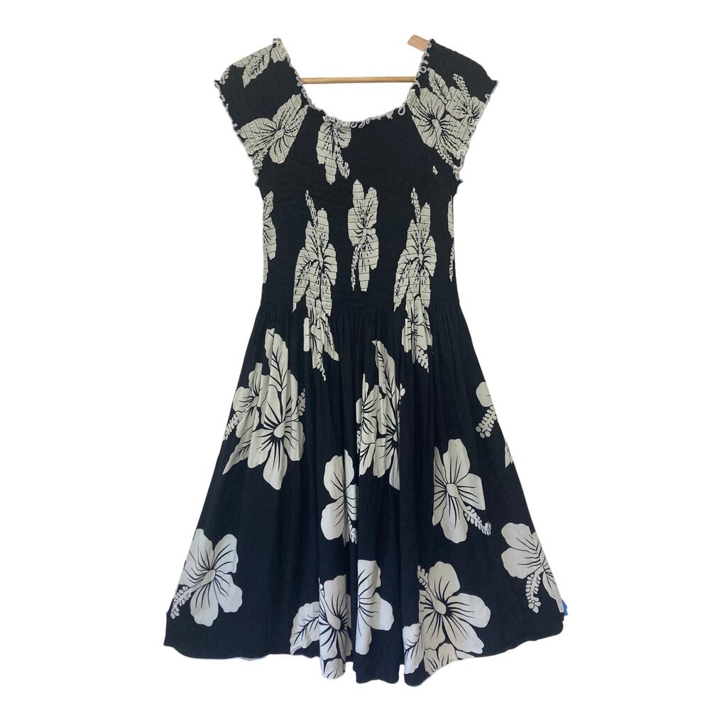 Favant Hawaii Summer Tropical Seersucker Black White Floral Dress One Size